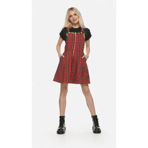 Hot Topic Plaid O-Ring Skirtall Overall Dress Womens Small Pockets Red Black